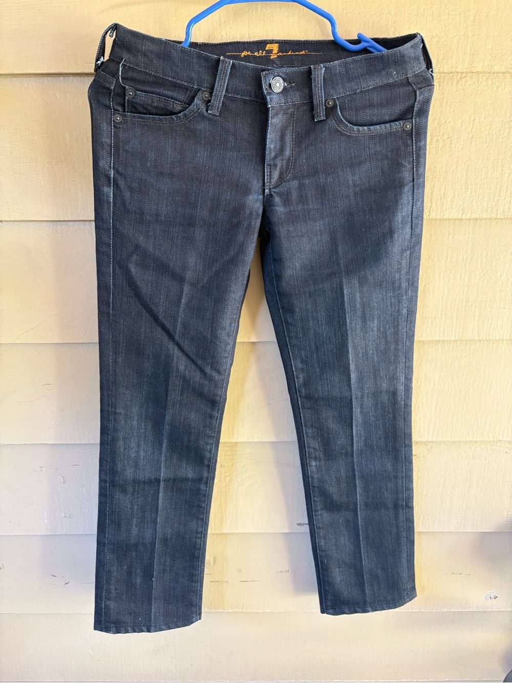 7 For All Mankind Dark Blue Straight-Leg Jeans with Pocket Rhinestone Detail - Picture 4 of 9